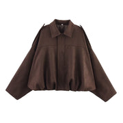Damen Oversize Cropped Veloursblouson mit Tunnelzug-Bund und Schulterpatten Nord Taschen – Kaffeebraun