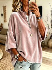 Damen Oversize Samt-Pullover mit kurzem Reißverschluss und Stehkragen Nord Taschen – Rosa
