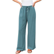 Damen Leinenoptik-Hose mit weitem Bein, Gummizug-Taille, Tunnelzug und Knopfdetail Nord Taschen – Pfauenblau