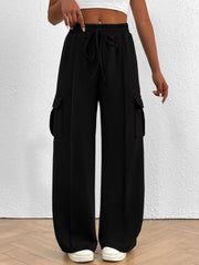 Damen Weite Cargo-Loungehose mit Tunnelzugbund und aufgesetzten Pattentaschen Nord Taschen – Schwarz - Tagesversand