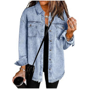 Damen Oversize Jeanshemdjacke mit Fransensaum Nord Taschen – Hellblau
