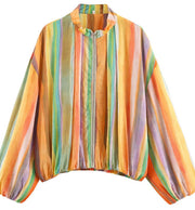 Damen Gestreifte Cropped Blousonjacke mit Stehkragen, Reißverschluss und Ballonärmeln Nord Taschen – Geblümt