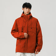 Herren Technische Kapuzen-Softshelljacke mit hohem Kragen und verstellbarem Saum Nord Taschen – Orangerot