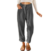 Damen lässige Cordhose mit hoher Taille, lockerer Tapered-Passform und umgeschlagenem Saum Nord Taschen – Dunkelgrau