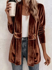 Damen Samt-Longblazer mit Schalkragen und Zierknopfleiste Nord Taschen – Dunkelbraun