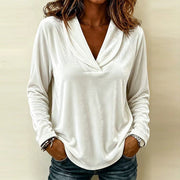Damen Samt-Longsleeve mit tiefem V-Ausschnitt und lässigem Saum Nord Taschen – Weiß