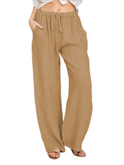 Damen Sommerliche Leinen-Palazzohose mit elastischem Bund, Seitentaschen und weitem Bein Nord Taschen – Braun