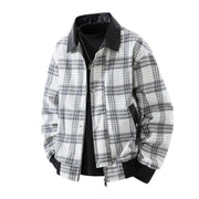 Herren karierte Overshirt-Jacke mit Kunstlederkragen und warmem Innenfutter – Weißgrau