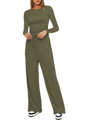 Damen Figurbetontes Longsleeve mit seitlicher Raffung und High-Waist Palazzo-Jogginghose Set Nord Taschen – Olivgrün