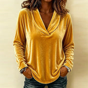 Damen Samt-Longsleeve mit tiefem V-Ausschnitt und lässigem Saum Nord Taschen – Gelb