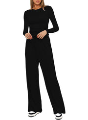 Damen Figurbetontes Longsleeve mit seitlicher Raffung und High-Waist Palazzo-Jogginghose Set Nord Taschen – Schwarz