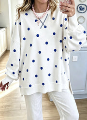 Damen Oversize-Sweatshirt mit Puffärmeln, Polka-Dots und Seitenschlitzen Nord Taschen – Weiß
