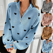 Damen Oversize Strickpullover mit Half-Zip und Herzmotiv Nord Taschen – Gewicht: S 490 g – 3XL 580 g