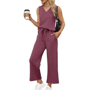 Damen Lässiges Zweiteiliges Lounge-Set mit Ärmellosem V-Neck-Top und Weiten Kordelbund-Hosen Nord Taschen – Purpurrot