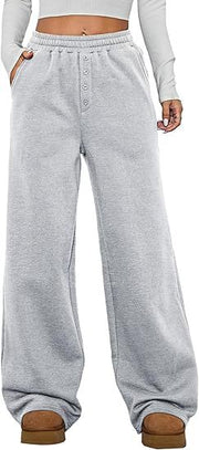 Damen Kuschelige Fleece-Sweatpants mit weitem Bein und hohem Elastikbund Nord Taschen – Hellgrau