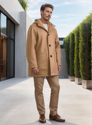 Herren Kapuzenmantel aus Wollmix mit gerader Silhouette, verdeckter Knopfleiste und großen Aufgesetzten Taschen Nord Taschen – Khaki