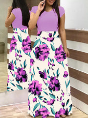 Damen Zweiteilig wirkendes Maxikleid mit figurbetontem Jersey-Oberteil und weitem Blumenrock Nord Taschen – Violett kurzarm 8899