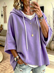 Damen Kurzarm-Oversize-Hoodie mit Kapuze und Kontrastkordel Nord Taschen – Violett
