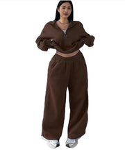 Damen Cropped Oversize-Sweatshirt mit halbem Reißverschluss und weite High-Waist Jogginghose Set Nord Taschen – Kaffeebraun - Sofortversand