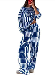 Damen Gestreiftes Lounge-Set aus weichem Baumwoll-Mix mit weitem Bein Nord Taschen – Blau