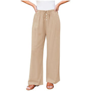 Damen Leinenoptik-Hose mit weitem Bein, Gummizug-Taille, Tunnelzug und Knopfdetail Nord Taschen – Khaki