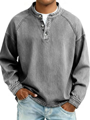 Herren Langarm-Henley Sweatshirt mit Stehkragen und Vintage-Denim-Effekt Nord Taschen – Grau