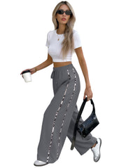Damen Weite High‑Waist Loungehose mit Kordelzug und kontrastierenden Seitenstreifen Nord Taschen – Dunkelgrau