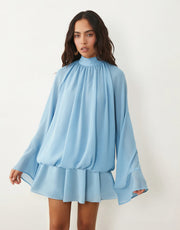 Damen Chiffon-Minikleid mit geraffter Blusentunika, Stehkragen und Volantrock Nord Taschen – Himmelblau
