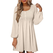 Rosa | Damen Minikleid Smok-Oberteil Eckiger Ausschnitt Langarm – Aprikose