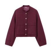 Damen Cropped Wollboxy‑Jacke mit kurzem Stehkragen und aufgesetzten Taschen Nord Taschen – Weinrot