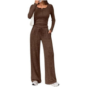 Damen Zweiteiliges Feinstrick-Lounge-Set mit Henley-Top und Palazzo-Hose Nord Taschen – Dunkelbraun