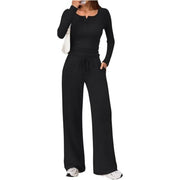 Damen Zweiteiliges Feinstrick-Lounge-Set mit Henley-Top und Palazzo-Hose Nord Taschen – Schwarz