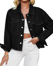 Damen Kurz geschnittene Oversize-Jeansjacke mit rohem Saum und aufgesetzten Brusttaschen Nord Taschen – Schwarz