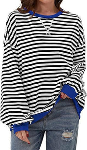 Damen Gestreifter Oversize Pullover mit Kontrastbündchen Nord Taschen – Schwarz [Sofortversand]