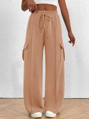 Damen Weite Cargo-Loungehose mit Tunnelzugbund und aufgesetzten Pattentaschen Nord Taschen – Apricot - Sofortversand