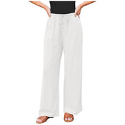 Damen Leinenoptik-Hose mit weitem Bein, Gummizug-Taille, Tunnelzug und Knopfdetail Nord Taschen – Weiß