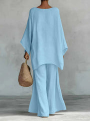 Damen Lässiges Oversize-Kaftanoberteil mit weiten Palazzohosen Nord Taschen – Himmelblau