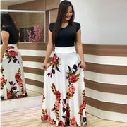 Damen Fließender Maxirock mit hoher Taille und großem Blumenprint Nord Taschen – Weiß-Schwarz Kurzarm