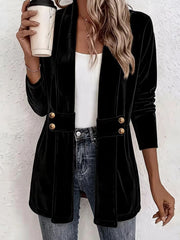 Damen Samt-Longblazer mit Schalkragen und Zierknopfleiste Nord Taschen – Schwarz