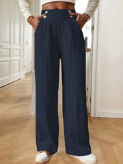 Damen Hochtaillierte weite Marlene-Hose mit Zierknopf-Bund und Bügelfalte Nord Taschen – Dunkelblau