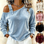 Damen Samt-Sweatshirt mit asymmetrischem Carmen-Ausschnitt und Zierschnalle Nord Taschen – Gewicht: S:300g-3XL:400g