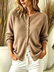 Damen Kuscheliger Strickcardigan mit Rundhalsausschnitt und goldenen Zierknöpfen Nord Taschen – Khaki