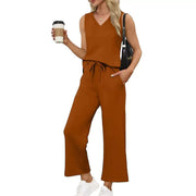 Damen Lässiges Zweiteiliges Lounge-Set mit Ärmellosem V-Neck-Top und Weiten Kordelbund-Hosen Nord Taschen – Orange-Rot