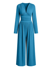 Damen Eleganter V‑Ausschnitt Jumpsuit mit tailliertem Wickelbund und weitem Hosenbein Nord Taschen – Seeblau