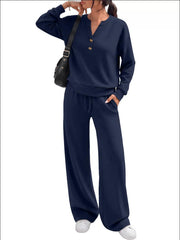 Damen Lounge-Set mit Henley-Kragen und palazzoweiter Jogginghose Nord Taschen – Marineblau