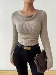 Damen Gerippter Taillierter Feinstrickpullover mit Raffung Nord Taschen – Khaki