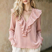 Damen Rüschige V-Ausschnitt-Bluse aus Chiffon mit Volantkragen und elastischen Manschetten Nord Taschen – Rosa