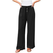 Damen Leinenoptik-Hose mit weitem Bein, Gummizug-Taille, Tunnelzug und Knopfdetail Nord Taschen – Schwarz