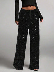 Damen Pailletten-Palazzohose mit hohem Bund und Kordelzug Nord Taschen – Schwarz - Tagesversand