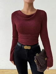 Damen Gerippter Taillierter Feinstrickpullover mit Raffung Nord Taschen – Dunkelrot